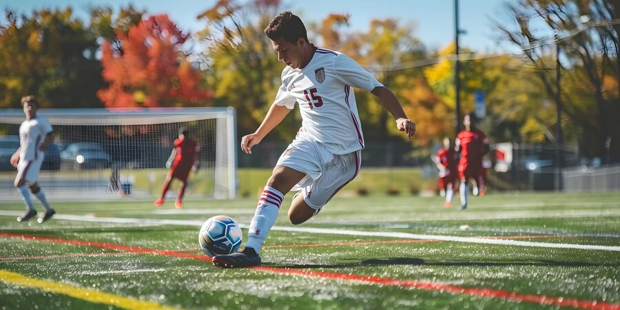 College-Soccer-player-kicking-ball-field-closeup-soccer-ball-grass