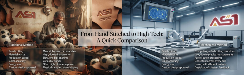 ASI Soccers uses sustainable methods through mechanized cutting, green energy, and digital proofing for futsal balls making